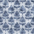 Seamless french farmhouse grunge floral damask pattern. Provence blue white linen woven texture. Shabby chic style old