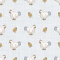 Seamless french farmhouse hen and chick pattern. Provence linen shabby chic style. Hand drawn rustic texture background