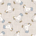 Seamless french farmhouse hen pattern. Provence linen shabby chic style. Hand drawn rustic texture background. Chicken