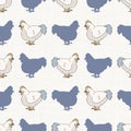 Seamless french farmhouse hen pattern. Provence linen shabby chic style. Hand drawn rustic texture background. Chicken