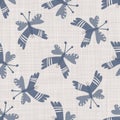 Seamless french farmhouse linen butterfly fabric background. Provence blue gray pattern texture. Shabby chic style woven