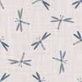 Seamless french farmhouse linen butterfly fabric background. Provence blue gray pattern texture. Shabby chic style woven