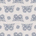 Seamless french farmhouse linen butterfly fabric background. Provence blue gray pattern texture. Shabby chic style woven