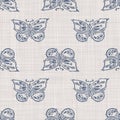 Seamless french farmhouse linen butterfly fabric background. Provence blue gray pattern texture. Shabby chic style woven