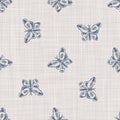 Seamless french farmhouse linen butterfly fabric background. Provence blue gray pattern texture. Shabby chic style woven