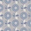 Seamless french farmhouse linen printed floral damask background. Provence blue gray linen pattern texture. Shabby chic
