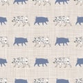 Seamless french farmhouse pig and cut chart pattern. Farmhouse linen shabby chic style. Hand drawn rustic texture