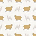 Seamless french farmhouse sheep and lamb pattern. Farmhouse linen shabby chic style. Hand drawn rustic texture