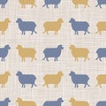 Seamless french farmhouse sheep and silhouette border. Farmhouse linen shabby chic style. Hand drawn rustic texture