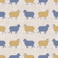 Seamless french farmhouse sheep and silhouette pattern. Farmhouse linen shabby chic style. Hand drawn rustic texture