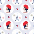 Seamless French pattern with portrait of woman and Eiffel tower