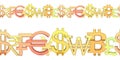 Seamless frieze with golden currency symbols of different countries. Illustration isolated on white