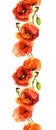 Seamless fringe frame with red poppy flowers. Aquarelle painted band