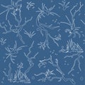 Seamless frosty pattern. Contour sharp branches on a blue background. Spiky white monsters. Vector halloween illustration for