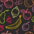 Seamless fruit hand drawn pattern with apple, cherry, lemon, banana, strawberry, plum, pear, peach, orange. Vintage boho backgroun Royalty Free Stock Photo