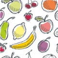 Seamless fruit hand drawn pattern with apple, cherry, lemon, banana, strawberry, plum, pear, peach, orange. Vintage boho backgroun Royalty Free Stock Photo
