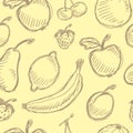 Seamless fruit hand drawn pattern with apple, cherry, lemon, banana, strawberry, plum, pear, peach, orange. Vintage boho backgroun Royalty Free Stock Photo