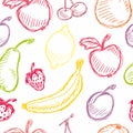 Seamless fruit hand drawn pattern with apple, cherry, lemon, banana, strawberry, plum, pear, peach, orange. Vintage boho backgroun Royalty Free Stock Photo