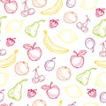 Seamless fruit hand drawn pattern with apple, cherry, lemon, banana, strawberry, plum, pear, peach, orange. Vintage boho backgroun Royalty Free Stock Photo