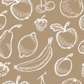 Seamless fruit hand drawn pattern with apple, cherry, lemon, banana, strawberry, plum, pear, peach, orange. Vintage boho backgroun Royalty Free Stock Photo