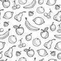 Seamless Fruit Hand Drawn Pattern With Apple, Cherry, Lemon, Banana, Strawberry, Plum, Pear, Peach, Orange. Vintage Boho Backgroun