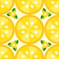 Seamless fruit pattern of lemon slices, yellow flowers and green leaves.