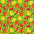 Seamless fruit pattern, on a light green background with figures. Watermelons, lemons, oranges, bright, fresh fruits