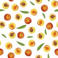 Seamless fruit pattern. Peaches and halves with green leaves isolated on white Royalty Free Stock Photo