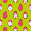 Seamless fruit pattern vector. Dragon fruit green background. Royalty Free Stock Photo