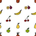 Seamless fruit pattern. Vector illustration including apples, pears, plums, bananas, pineapples and cherries Royalty Free Stock Photo