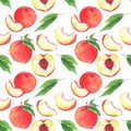 Seamless fruit watercolor pattern with peaches and leaves Royalty Free Stock Photo