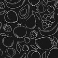 Seamless fruits and berries pattern in line art style. Black and white, doodle, hand drawn. Vector illustration on a Royalty Free Stock Photo