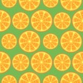 Seamless fruits vector pattern, bright close-up background with oranges over green backdrop Royalty Free Stock Photo