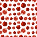 Seamless fruits vector pattern, bright color background with pomegranates, whole and half, over light backdrop