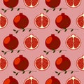 Seamless fruits vector pattern, bright color symmetrical background with pomegranates, whole and half, over red backdrop
