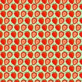 Seamless fruits vector pattern, bright color symmetrical background with strawberries, whole and half, over green backdrop