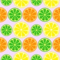 Seamless fruits vector pattern, bright colorful background with oranges, lemons and limes over light backdrop Royalty Free Stock Photo