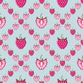 Seamless fruits vector pattern, bright geometric background with raspberries