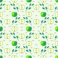 Seamless fruits vector pattern, geometric background with green apples and leaves