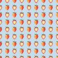 Seamless fruits vector pattern, pastel symmetrical background with strawberries, whole and half, on the blue backdrop