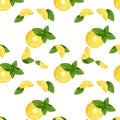 Seamless fruity pattern of juicy lemon and mint on a white background