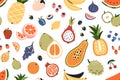 Seamless fruity pattern. Tropical background with summer fruits and berries repeating print. Printable endless texture