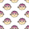 Seamless fugu fish pattern. Cute cartoon puffer fish. Vector hand drawn illustration. Print for fabric, covers, backgrounds