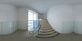 Seamless full spherical 360 degree panorama in equirectangular projection of stairway with white walls covered with