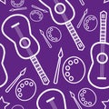 Seamless fun pattern with guitars and paints on the purple background