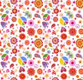 Seamless funny wallpaper with hippie peace symbols, flower-power, butterfly, fly agaric and paisley