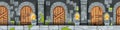 Seamless game castle dungeon background, vector cartoon medieval prison interior, old wooden door.