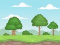 Seamless game nature landscape. Parallax background for 2d game outdoor mountains trees and clouds vector illustrations