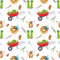 Seamless gardening pattern with colorful illustrations of flowers in a wheelbarrow and a gardening tool.