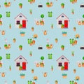 Seamless gardening pattern with colorful illustrations of shad, watering can, rubber boots and flower on a blue background. Royalty Free Stock Photo